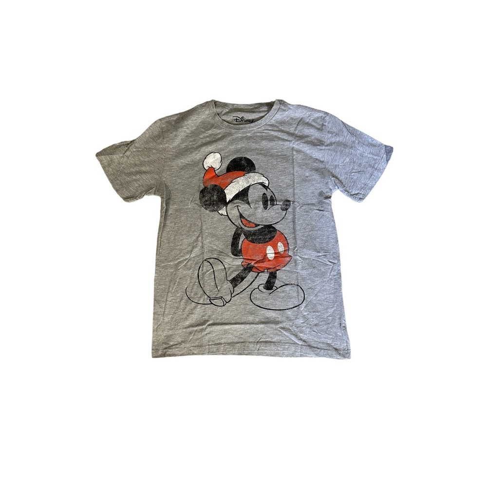 Disney Distressed Two Sided Micky Mouse Santa Christmas T-Shirt Gray Mens Small